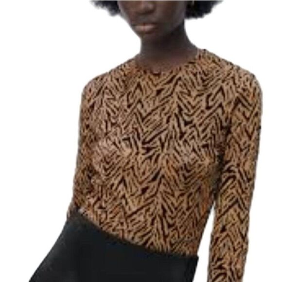 Zara Top S Brown Animal Sheer Mesh‎ Velour Burnout Long Sleeve Pull Over Blouse - Picture 3 of 10